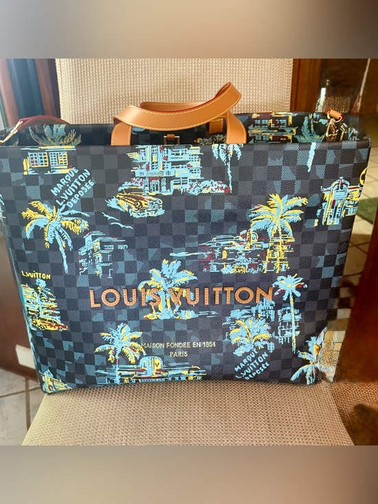 Louis Vuitton Handbags - LV Black, Blue & Yellow Printed Canvas GM Shopper Tote with Tan Handles
